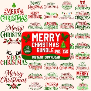May include: A digital collection of 50 Merry Christmas graphic designs in red and green, featuring various typography styles, holly leaves, Christmas trees, and festive ornaments. A central red and green banner displays Merry Christmas Bundle.
