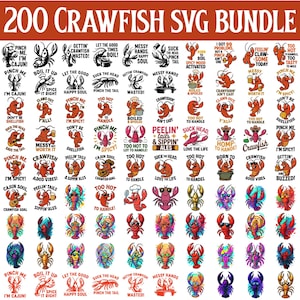 May include: A digital SVG bundle with 200 crawfish designs. The illustrations feature crawfish with phrases such as "Boil It Up" and "Messy Hands, Happy Soul!" in red and black. Measurements are not applicable.