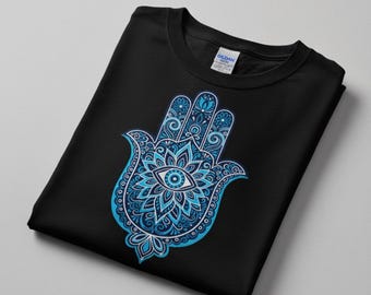 Blue Hamsa Hand Evil Eye T-Shirt | Mandala Protection Symbol, Boho Spiritual Tee
