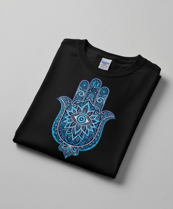 Blue Hamsa Hand Evil Eye T-Shirt | Mandala Protection Symbol, Boho Spiritual Tee