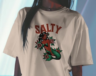 Salty Mermaid T-Shirt | Vintage Tattoo Style, Floral Nautical Graphic