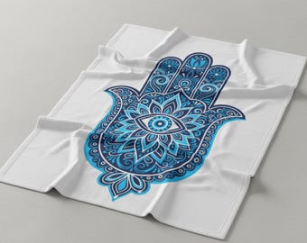 Blue Mandala Hamsa Hand Blanket | Protective Evil Eye