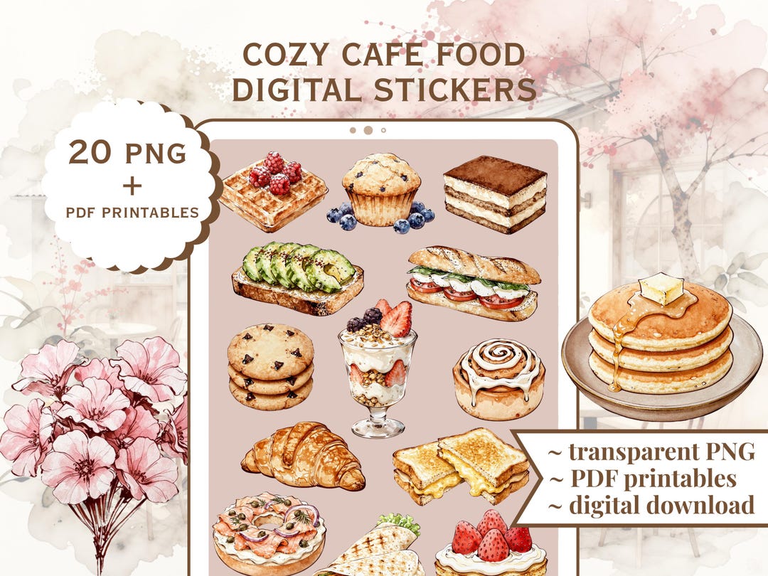 Cozy Cafe Food Digital Stickers PNG | Hand Drawn Watercolor Planner ...