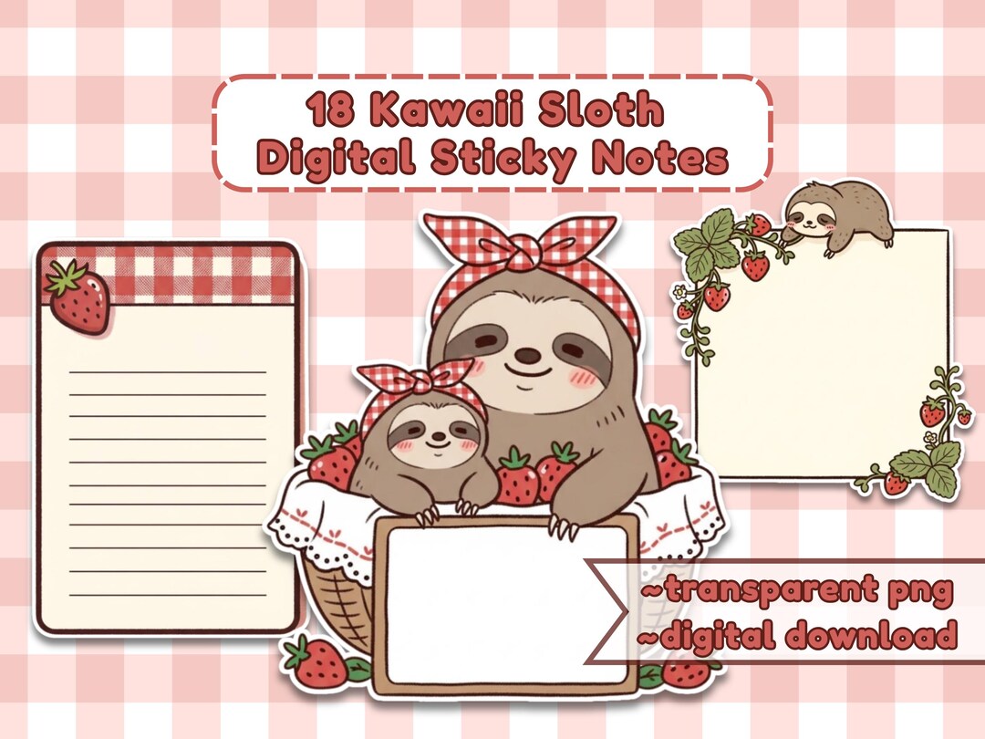 Sloth Taking Notes Kawaii Sloth Sticky Notes PNG | Cute Strawberry Memo Notes for ...