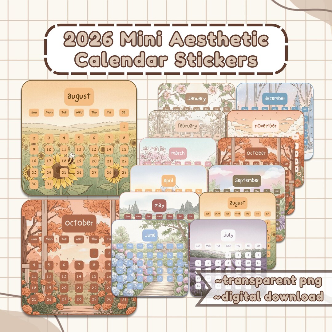 2026 Mini Calendar Stickers PNG, Aesthetic Monthly Planner Stickers for ...