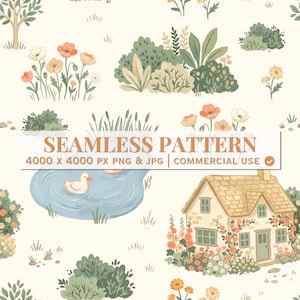 Cottagecore Seamless Pattern Ducks Pond Cottage Floral Digital Paper Cozy Gouache Fabric Print Nursery Pattern Large Small Scale PNG JPG