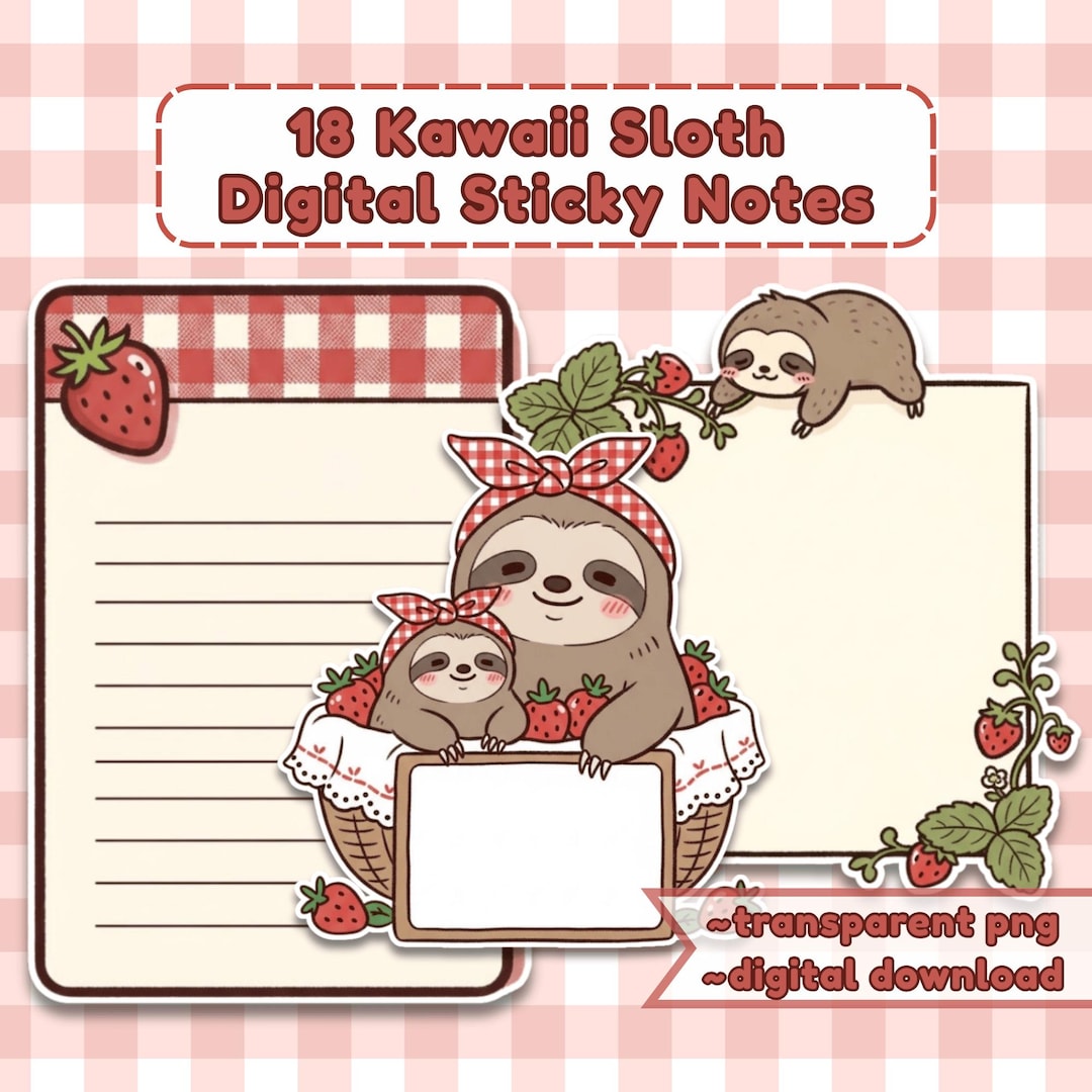 Sloth Taking Notes Kawaii Sloth Strawberry Sticky Notes, Goodnotes, Notability, Digital ...