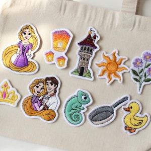 Disney Rapunzel geborduurde opstrijkpatchset, sprookjesprinses cartoonbadge voor meisjes