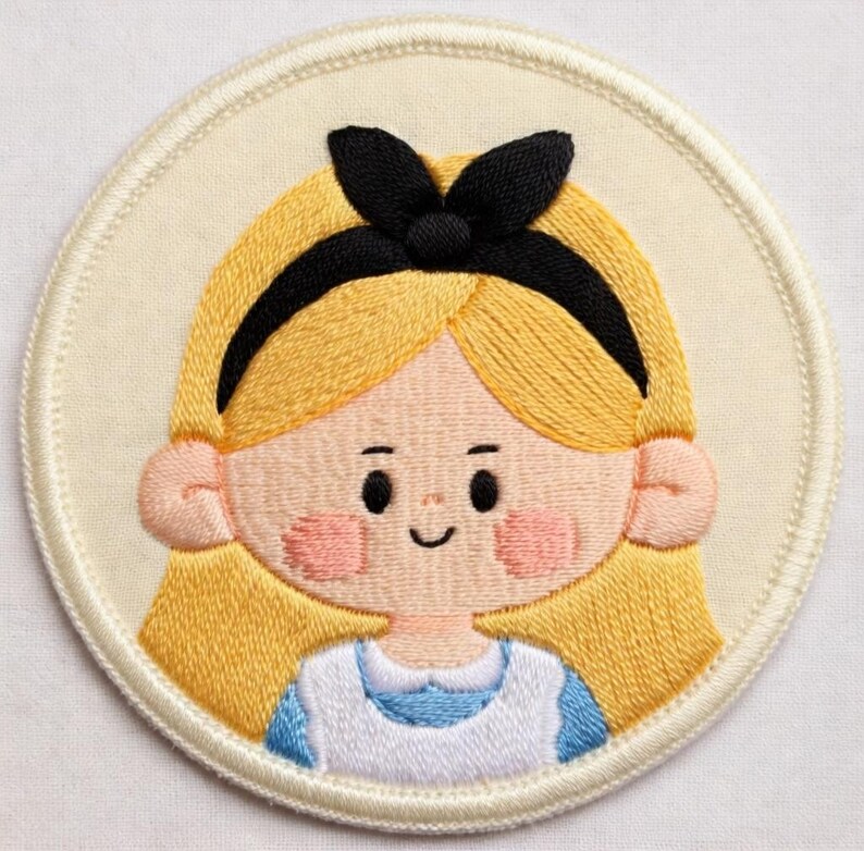 May include: Circular embroidered patch depicting a cartoon girl with blonde hair, a black bow, and a blue and white dress. The patch has a cream-coloured background and a stitched border.