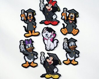Disney Mickey & Friends Graduation Embroidered Patch Set - Mickey Minnie Donald Daisy Goofy Pluto Marie Cat Iron On