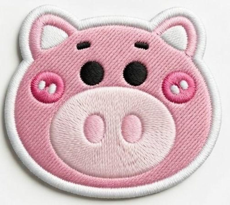Puede incluir: Parche bordado con la cara de un cerdo rosa con ojos negros, mejillas rosas y un hocico rosa claro. El parche tiene un borde blanco y est&aacute; dise&ntilde;ado con un estilo de dibujos animados. Las orejas del cerdo tienen la punta blanca.