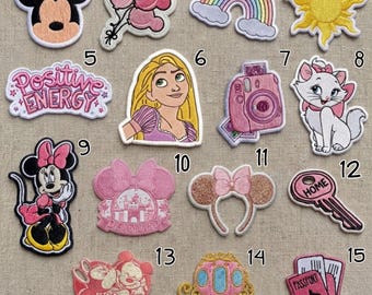 Disney Mickey Minnie Rapunzel Iron On Patch Set 15pcs | Kawaii Aesthetic Applique for Backpacks Jackets Disneyland Travel DIY Clothing Gift