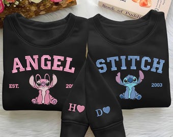スティッチとエンジェルのスウェットシャツ、ディズニーカップルの刺繍クルーネック、お揃いのスティッチエンジェルシャツ、彼と彼女へのかわいいギフト