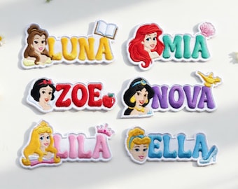 Custom Name Disney Princess Embroidered Patches - Belle Ariel Snow White Jasmine Aurora Cinderella