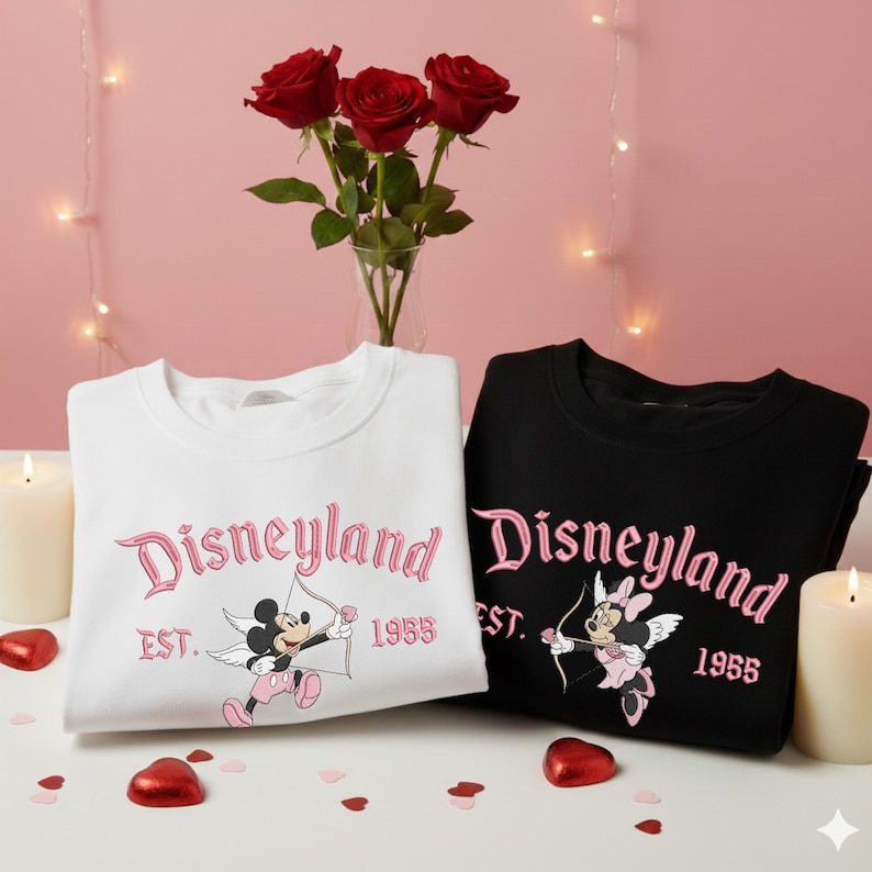 May include: Two sweatshirts, one white and one black, with the word "Disneyland" in pink script. The white sweatshirt features Mickey Mouse as Cupid, and the black one features Minnie Mouse. Both have "EST. 1955" below the word Disneyland.