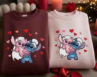 Stitch and Angel Wedding Couple Sweatshirt, Disney Valentine Shirt, Cute Stitch Angel Bride Groom Crewneck, Matching Couple Gift