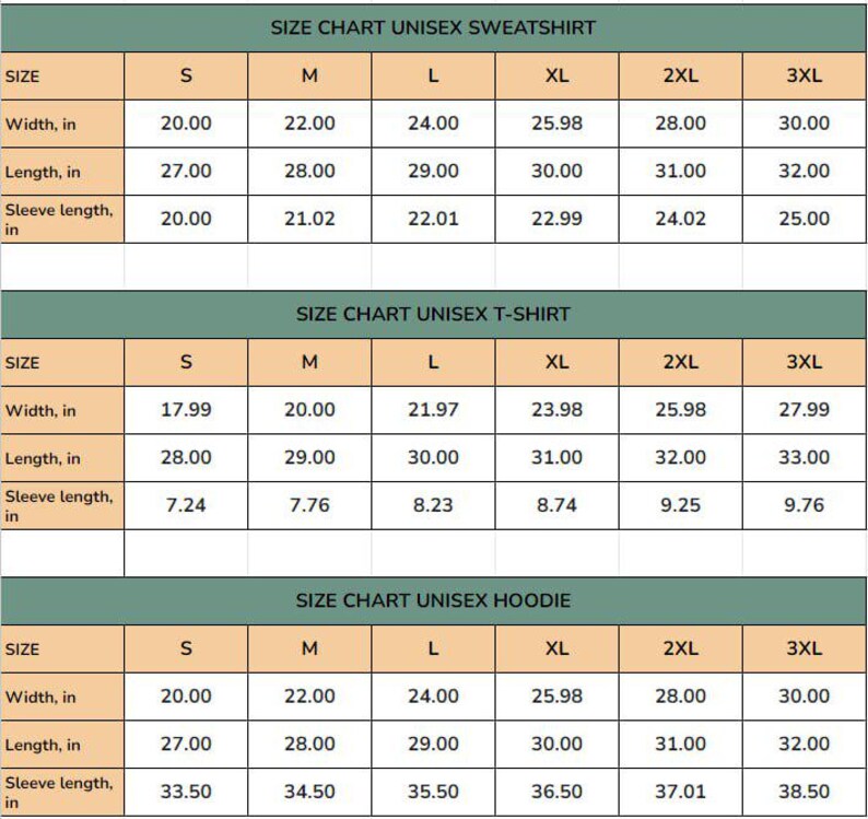 May include: A size chart for unisex sweatshirts, t-shirts, and hoodies. The chart displays measurements in inches for width, length, and sleeve length across sizes S to 3XL. The chart is in a tan and green color scheme.