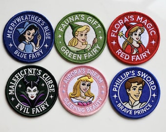 眠れる森の美女 ディズニー ワッペンセット - オーロラ姫、マレフィセント、三人の妖精、フィリップ王子 - 刺繍アイロンワッペン