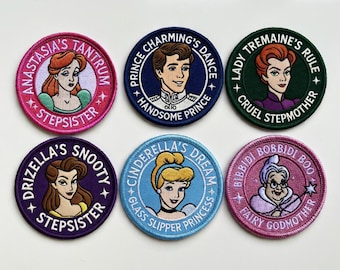 シンデレラ ディズニー パッチセット - シンデレラ、プリンス・チャーミング、妖精のおばあさん、義姉たち、トレメイン夫人 - 刺繍アイロン接着パッチ