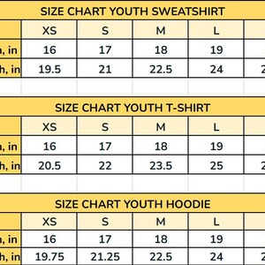 May include: A size chart for youth sweatshirts, t-shirts, and hoodies. The chart displays sizes XS to XL, with measurements in inches for width and length. The chart is in a yellow and white color scheme.