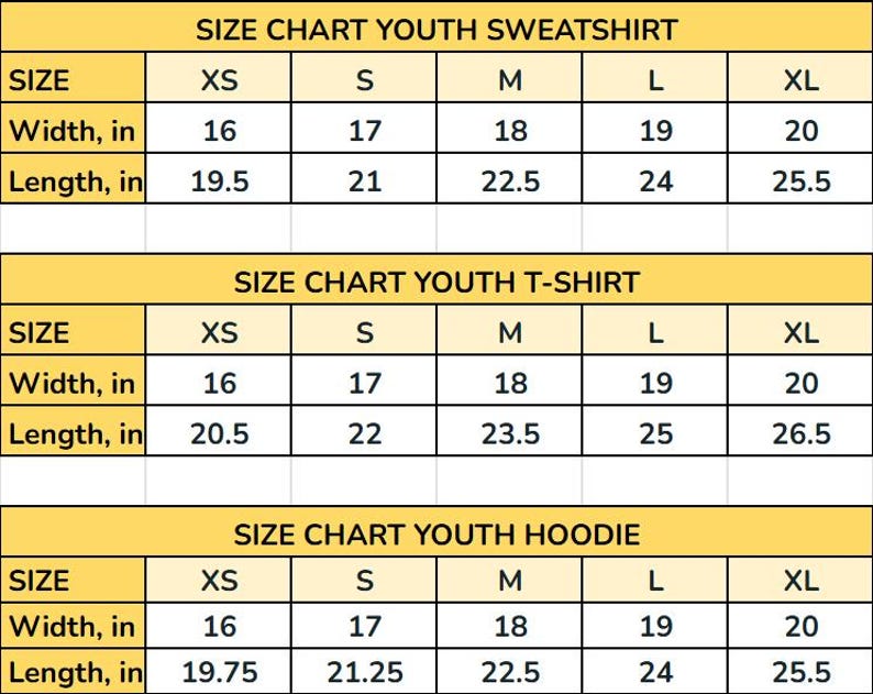 May include: A size chart for youth sweatshirts, t-shirts, and hoodies. The chart displays sizes XS to XL, with measurements in inches for width and length. The chart is in a yellow and white color scheme.