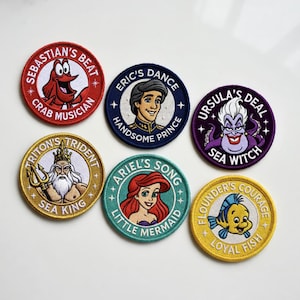 Little Mermaid Disney Patches Set - Ariel Ursula Sebastian Flounder Eric Triton - Embroidered Iron On Patch