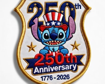 ディズニー スティッチ 250周年記念 スティッチ パッチ、愛国的な刺繍バッジ 1776-2026、アメリカ国旗