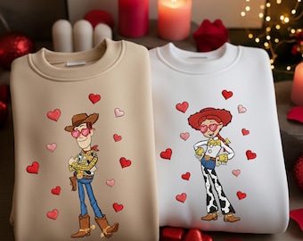 Woody and Jessie Couple Sweatshirt, Toy Story Valentine Shirt, Disney Cartoon Embroidered Crewneck, Matching Couple Gift for Him and Her
