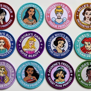 Disney Princess Embroidered Patches - Mulan Cinderella Belle Merida Aurora Snow White Ariel Rapunzel Moana Jasmine Tiana