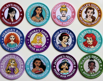 Disney Princess Embroidered Patches - Mulan Cinderella Belle Merida Aurora Snow White Ariel Rapunzel Moana Jasmine Tiana