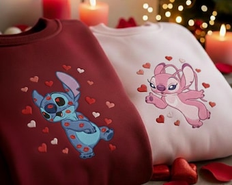 Stitch and Angel Couple Sweatshirt, Disney Valentine Shirt, Cute Stitch Embroidered Crewneck, Matching Couple Gift for Him and Her