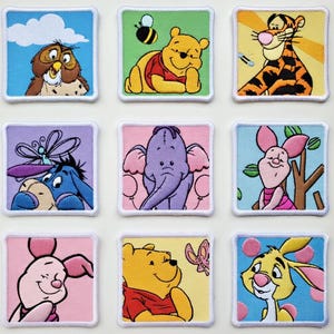 May include: Nine embroidered patches featuring characters from Winnie the Pooh. The patches include Owl, Winnie the Pooh with a bee, Tigger, Eeyore, Lumpy, Piglet, Piglet, Winnie the Pooh with a butterfly, and Rabbit. Each patch has a white border.
