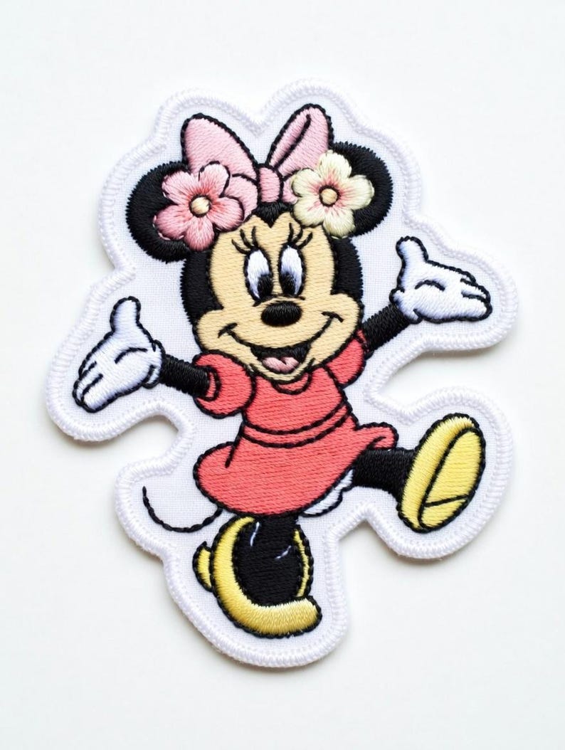 Op de afbeelding: Geborduurde patch met Minnie Mouse in een vrolijke pose. Minnie draagt een rode jurk, gele schoenen en een roze strik met bloemen. De patch heeft een witte rand.