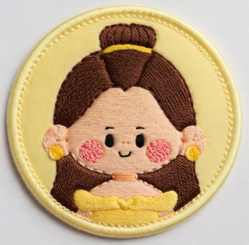 May include: Embroidered patch depicting a cartoon character with brown hair, pink cheeks, and a yellow dress. The round patch has a yellow border and a stitched design.