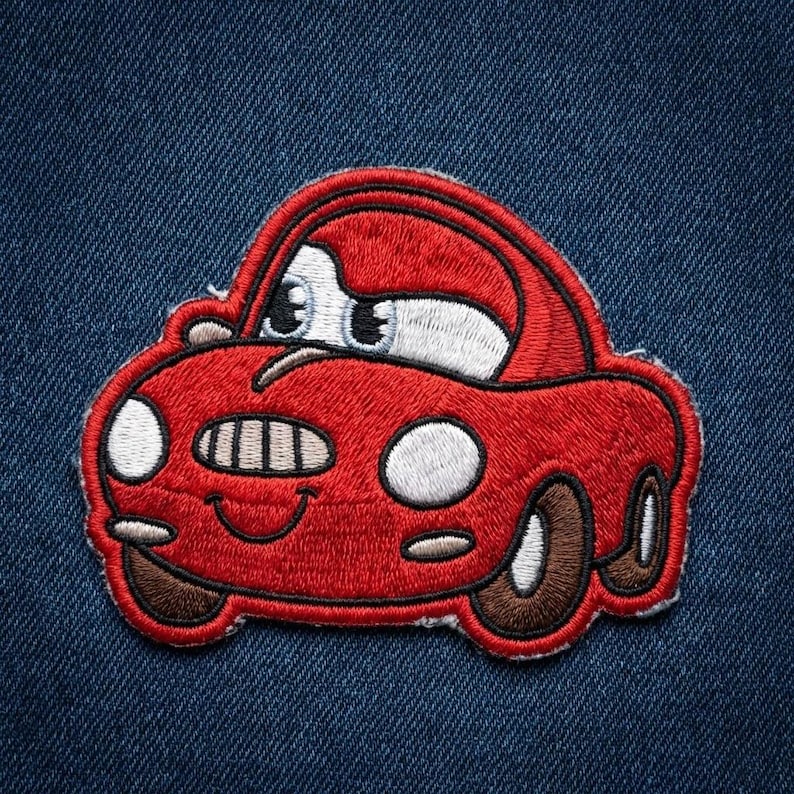 Puede incluir: Parche bordado con un coche de dibujos animados en rojo brillante con detalles blancos y marrones. El coche tiene una cara sonriente, ojos grandes y una expresi&oacute;n amigable. El parche est&aacute; dise&ntilde;ado para aplicarse en ropa o accesorios.