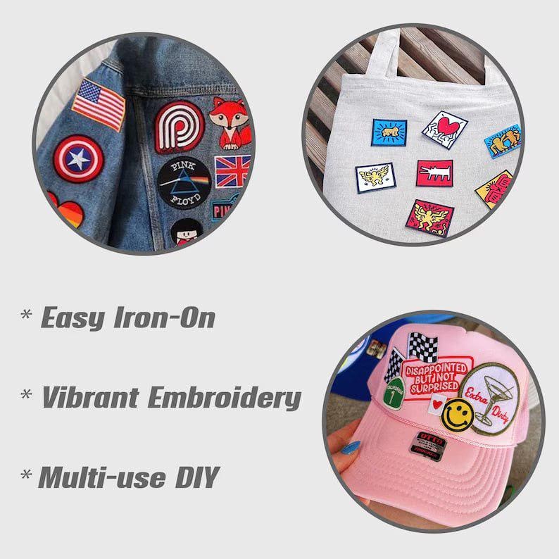 May include: A denim jacket sleeve with various embroidered patches, including an American flag, a red fox, and a Pink Floyd logo. A canvas tote bag with several colorful patches. A pink baseball cap with patches.