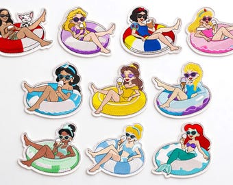 Disney Princess Summer Holiday, Elsa Snow White Ariel Tiana Jasmine Embroidered Iron On Patch