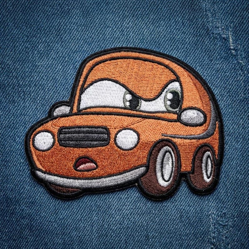 Puede incluir: Parche de coche naranja bordado con un dise&ntilde;o de dibujos animados. El coche tiene ojos grandes, una parrilla negra y ruedas marrones. El parche est&aacute; delineado en negro y sobre un fondo de mezclilla azul.