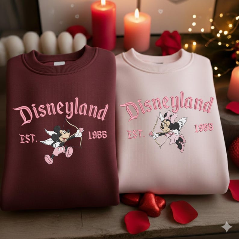 May include: Two sweatshirts, one burgundy and one light pink, featuring the Disneyland logo in pink script. Each sweatshirt has an embroidered image of Mickey and Minnie Mouse as cupids with bows and arrows. The text "EST. 1955" is also embroidered.