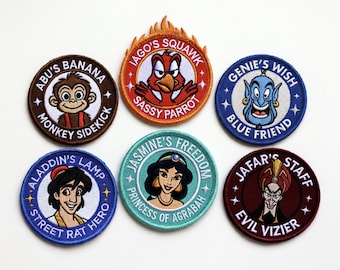 Aladdin Disney Patches Set - Aladdin Jasmine Genie Jafar Iago Abu - Embroidered Iron On Patch