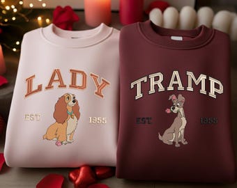 わんわん物語カップルスウェットシャツ、ディズニーバレンタインバーシティクルーネック、刺繍入りわんわん物語シャツ、彼と彼女のお揃いギフト