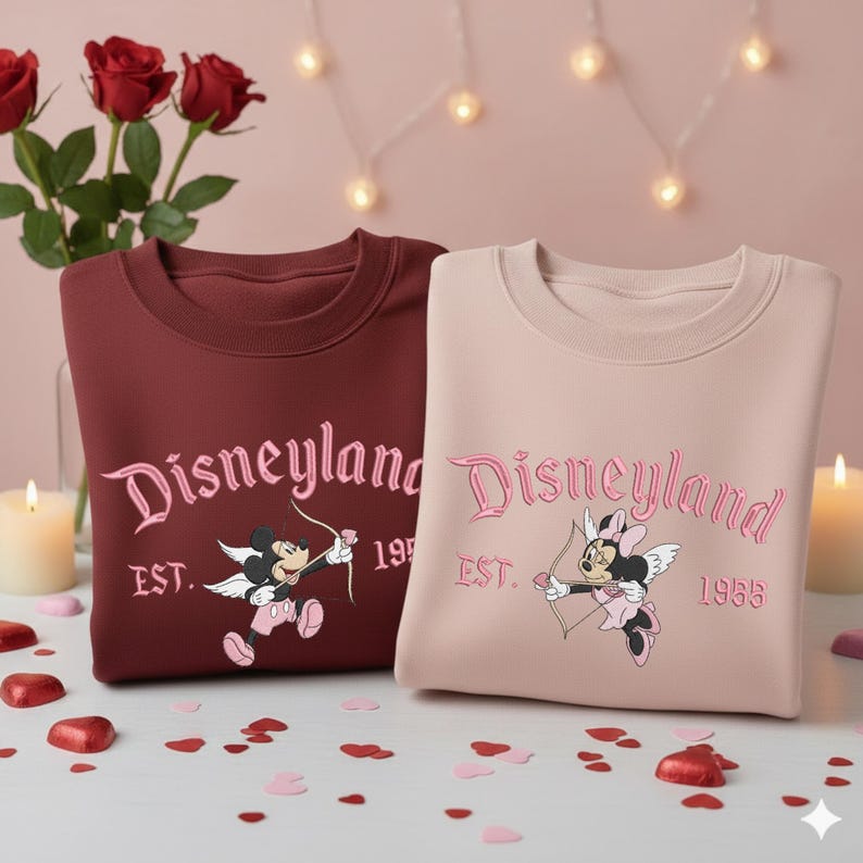 May include: Two sweatshirts, one burgundy and one blush pink, featuring the Disneyland logo in pink script. Each sweatshirt has a cartoon character with a bow and arrow. The burgundy sweatshirt has Mickey Mouse, and the pink one has Minnie Mouse.