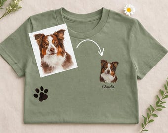 Op maat geborduurd shirt voor huisdier, geborduurd gezicht en naam huisdier, gepersonaliseerd T-shirt voor hond of kat, aangepast shirt voor huisdierfoto voor dierenliefhebbers, cadeau met ronde hals