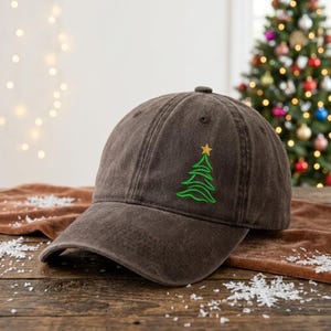 Embroidered Christmas Tree Hat, Evergreen Pine Tree Dad Hat, Holiday Xmas Ponytail Hat, Distressed Baseball Cap, Christmas Gift for Her