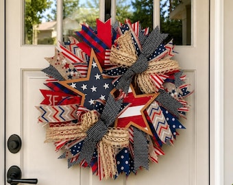 American Patriotic Door Wreath, 4th of July Wooden Star Wreath, USA 250th Anniversary Door Hanger, Independence Day Front Door Decor