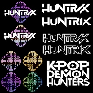 May include: A black background featuring the white text "HUNTRAX" in various fonts and styles. The image also includes a logo with a four-leaf clover design in multiple colours, and the text "KPOP DEMON HUNTERS".