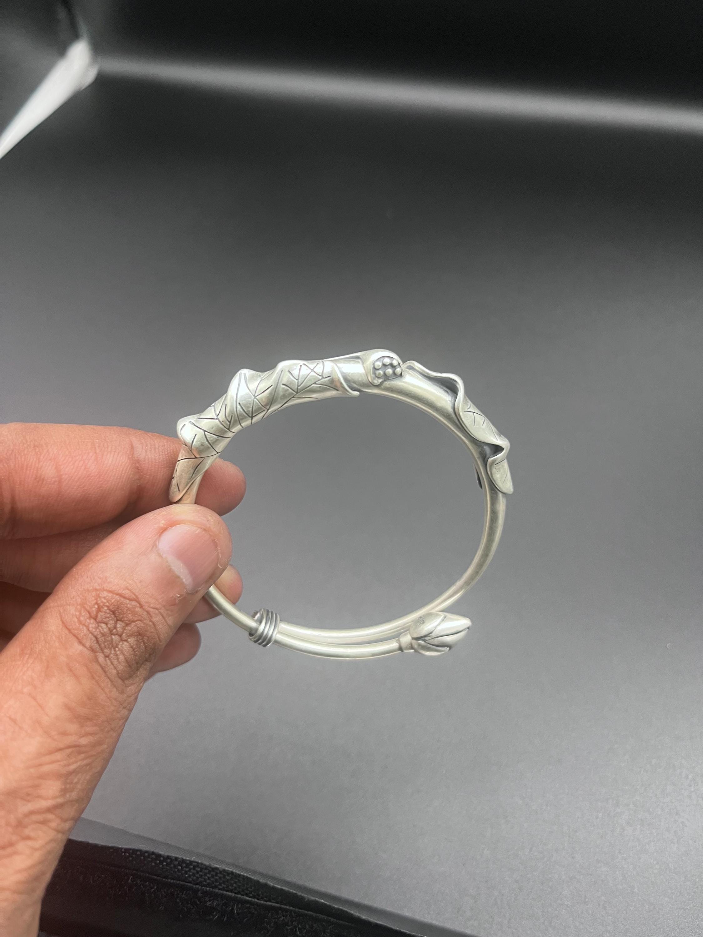 Handcrafted Silver Leaf Bangle | Adjustable 999 Sterling Silver