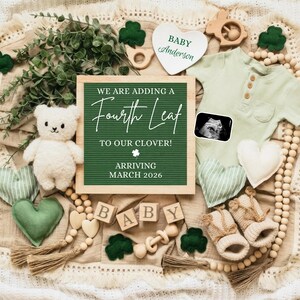 Digital Pregnancy Announcement Template, St. Patrick’s Day Baby Reveal, Fourth Leaf to Our Clover, Editable Canva Social Media Baby Reveal