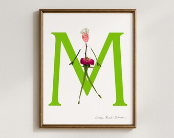 Floral Letter M Art Print, Botanical Alphabet Initial (5x7, 8x10, 11x14, 16x20)