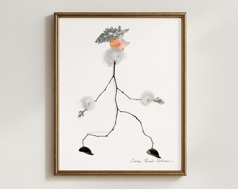 May include: A framed art print featuring a whimsical figure constructed from natural elements. The artwork depicts a stick figure with a leafy headpiece, fluffy white accents, and dark, leaf-shaped feet. The artist's signature is visible in the lower right corner.